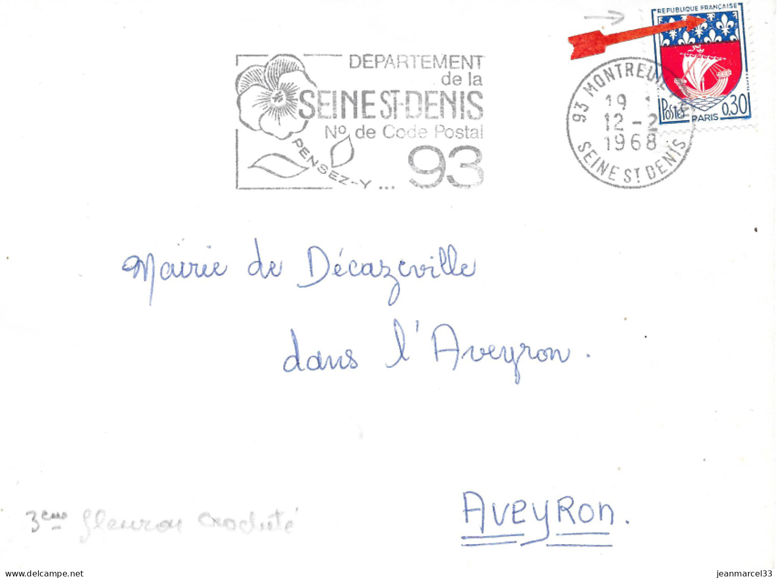 Variété Sur Lettre N° Yvert 1354B 0,30 Paris 3ème Fleuron Crocheté Oblitération Flamme Secap 93 Montreuil Ppal - Cartas & Documentos