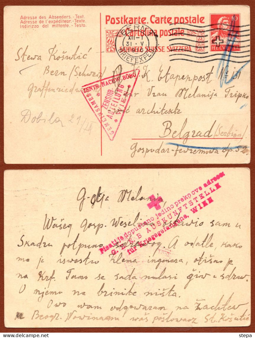 WWI SERBIA-SWITZERLAND-AUSTRIA, CENSORED CARD, RED CROSS BERN To BELGRADE 1917 RARE!!!!!!!!!!!!! - Otros & Sin Clasificación