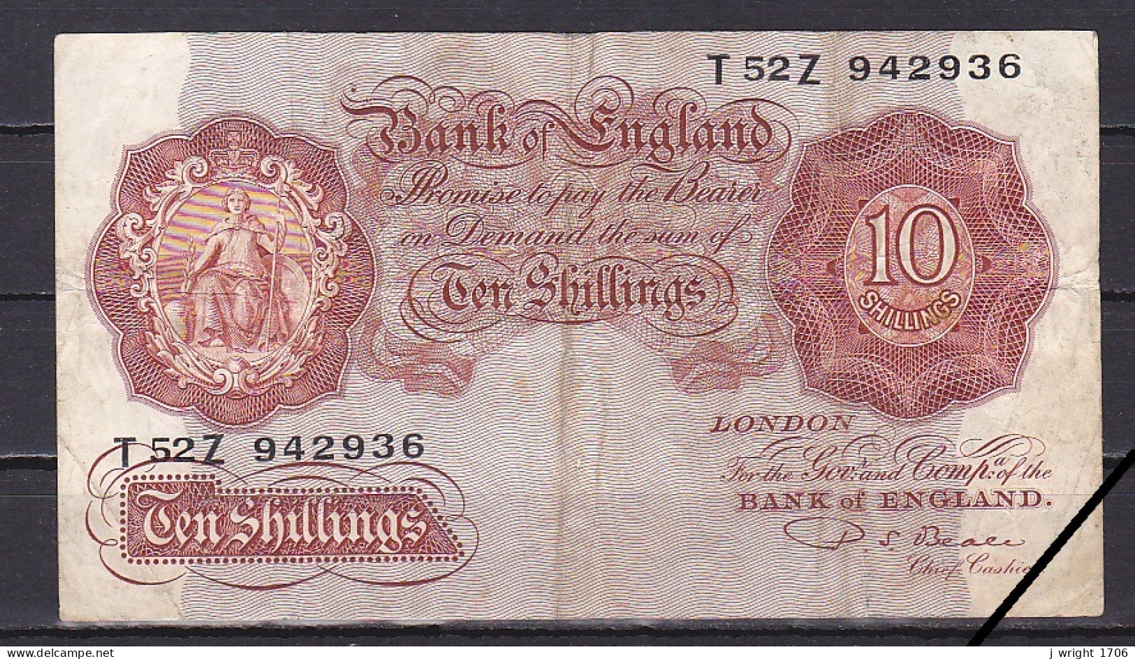 UK/Bank Of England, 1949-55/P. S. Beale, Prifix T 52 Z, Grade F - 10 Shillings