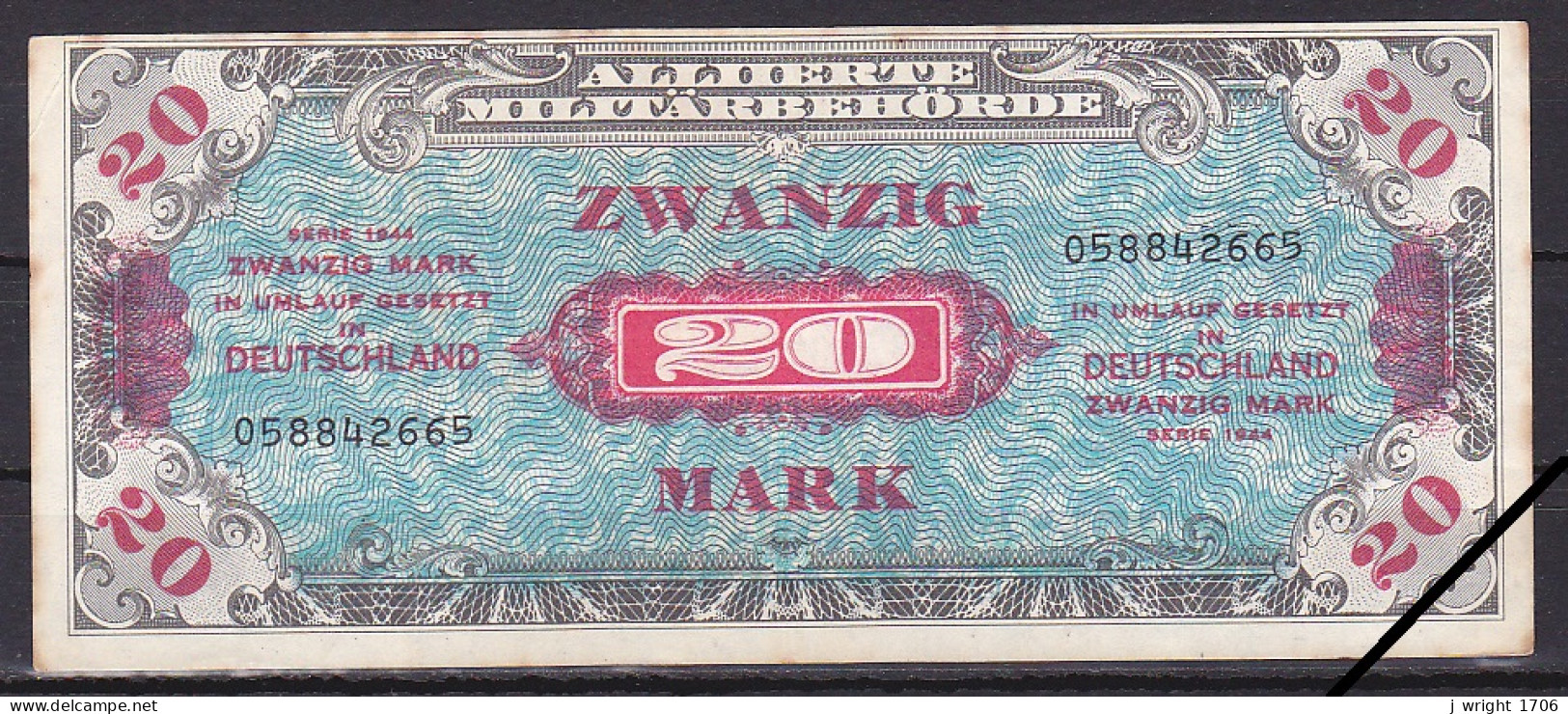 Germany/Allied Accupation. 20 Mark, 1944/9 Digit Serial With 'F', Grade VF (Read Description) - 20 Mark