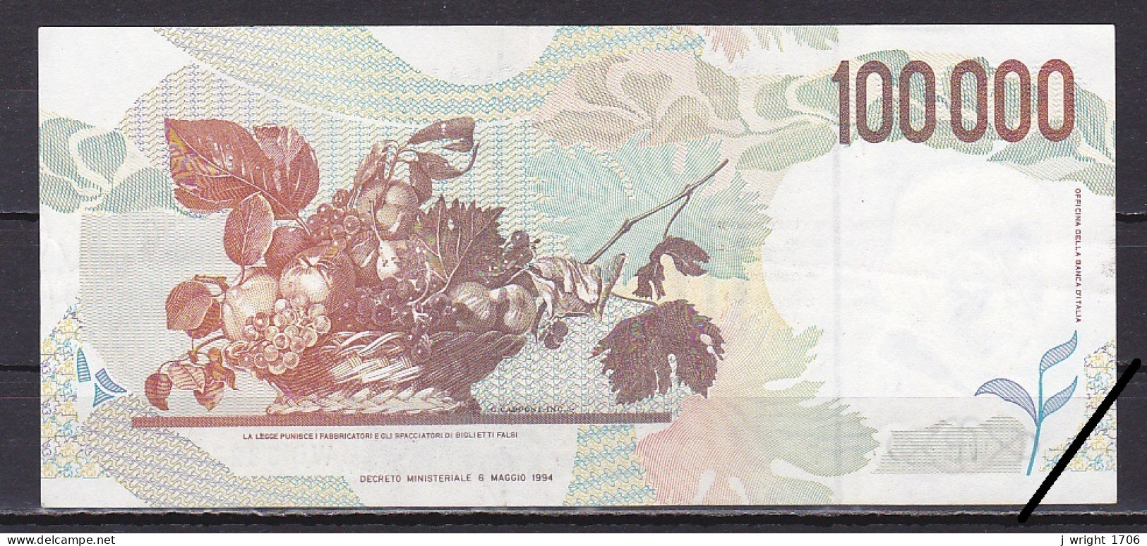 Italy, 100,000 Lire, 1994/Fazio & Speziali Prefix WB Suffix P, Grade VF - 100.000 Lire