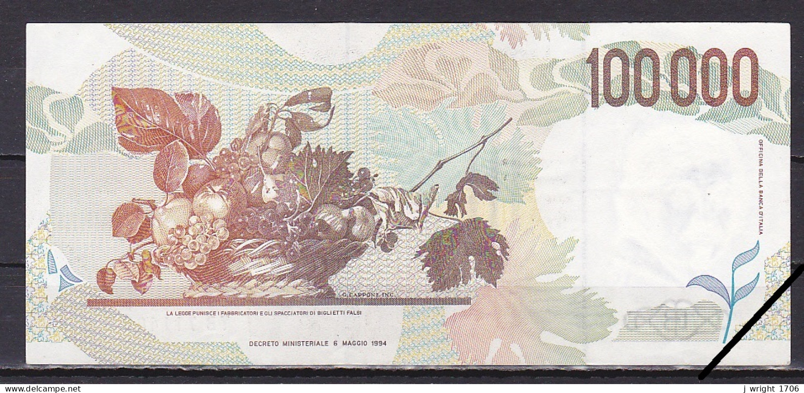 Italy, 100,000 Lire, 1994/Fazio & Speziali Prefix YB Suffix B, Grade VF - 100.000 Lire