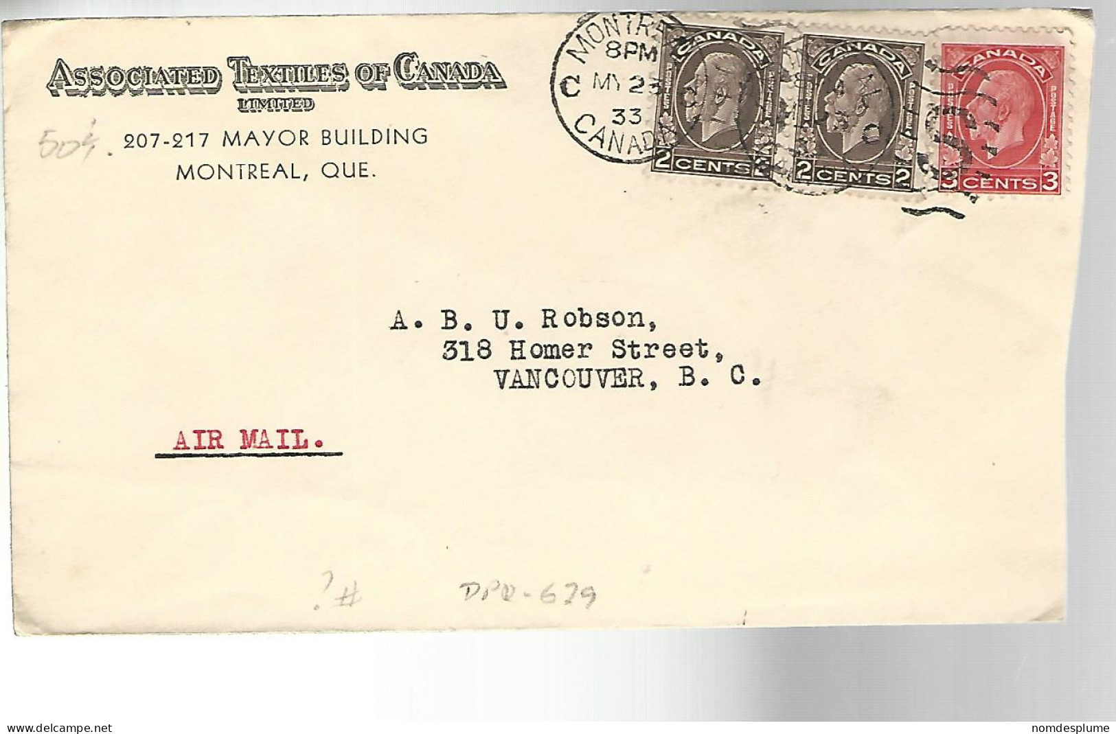 52038 ) Cover Canada Postmark Duplex Airmail - 1903-1954 Reyes