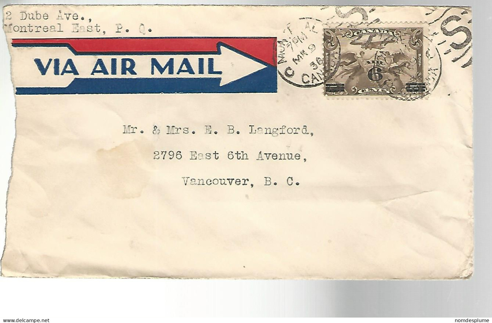 52040 ) Cover Canada Postmark Duplex Airmail - 1903-1954 De Koningen