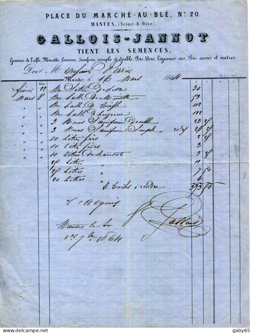 FACTURE.44.NANTES.GRAINES DE TREFLE,MINETTE,LUZERNE.GALLOIS-JANOT TIENT LES SEMENCES 20 PLACE DU MARCHE AU BLE. - Agriculture