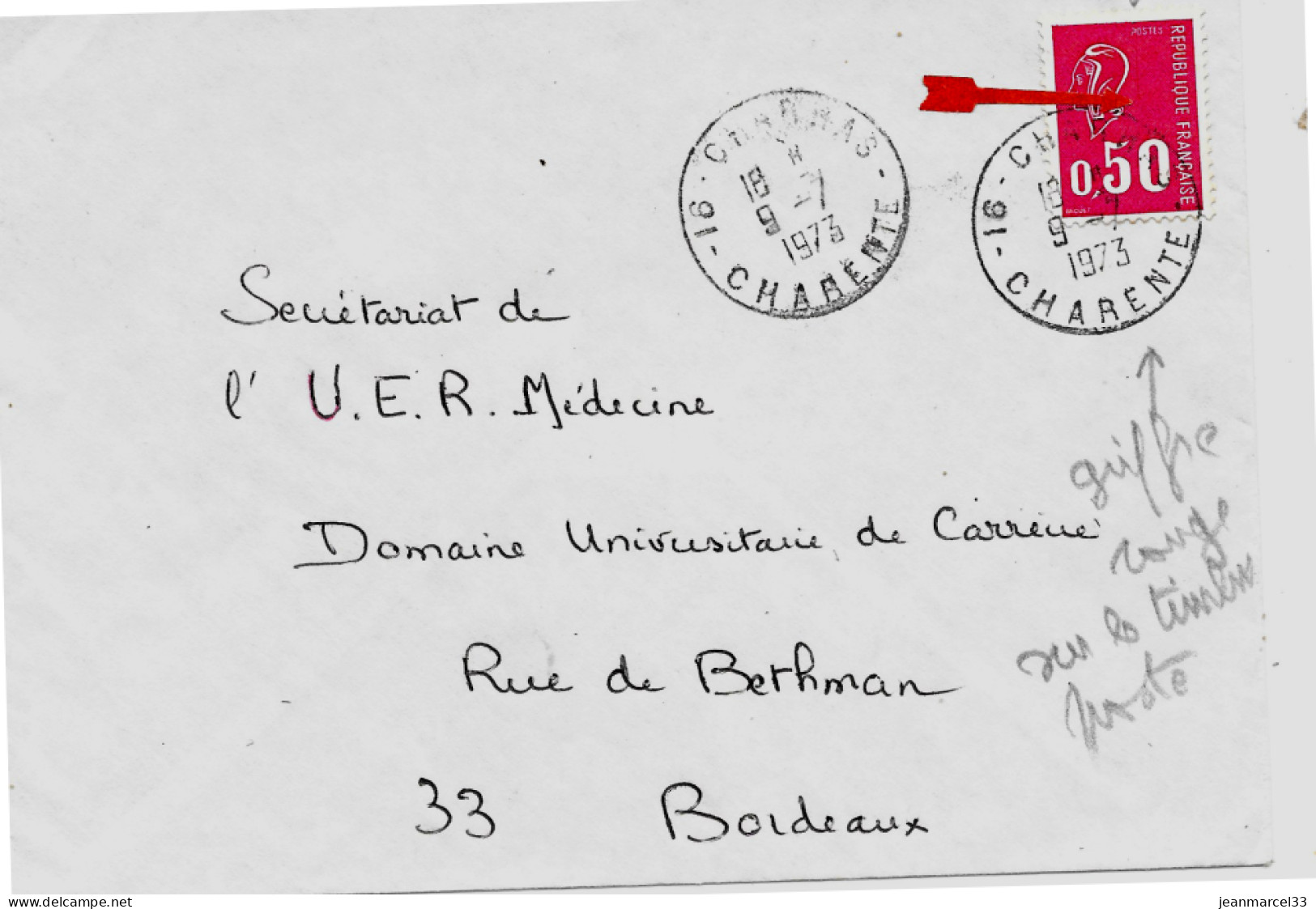 Variété Sur Lettre N° Yvert 1664n 0,50 Béquet Rouge Griffe Rouge Oblitération Manuel 16-Charras 9-7 1973 - Covers & Documents