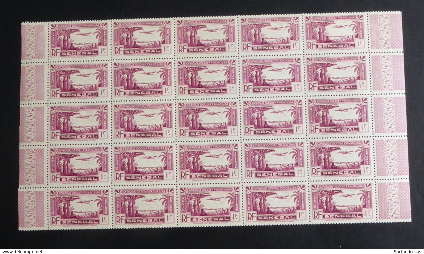 SENEGAL - 1935 - Poste Aérienne PA N°YT. 3 - Avion 1f Lilas - Bloc De 25 Bord De Feuille - Neuf Luxe ** / MNH - Airmail