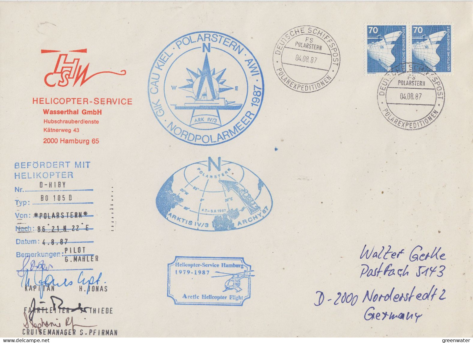 Germany FS Polarstern Large Cover  Heli Flight From Polarstern To Arctic Sea 4.8.1987 4 Signatures (SX175B) - Vols Polaires