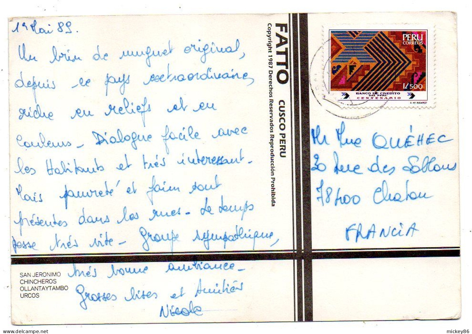 Pérou --CUSCO  --1989 -- Multivues....beau Timbre ....cachet - Peru