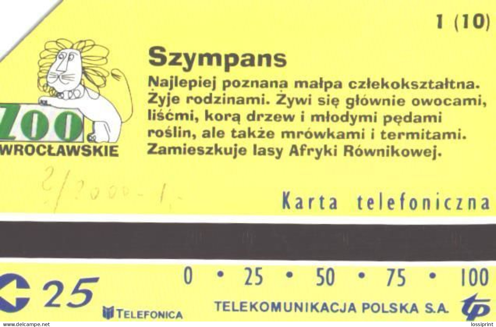 Poland:Used Phonecard, Telekomunikacja Polska S.A., 25 Units, Ape, Monkey, Chimapnzee - Jungle