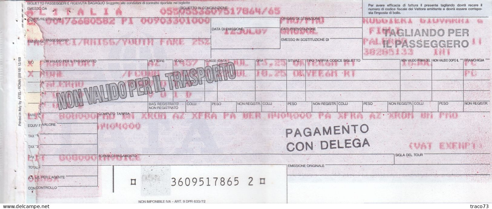 INTERNATIONAL AIR TRANSPORT ASSOCIATION - IATA /  BIGLIETTO  _ PASSENGER TICKET  _ 1989 - Wereld