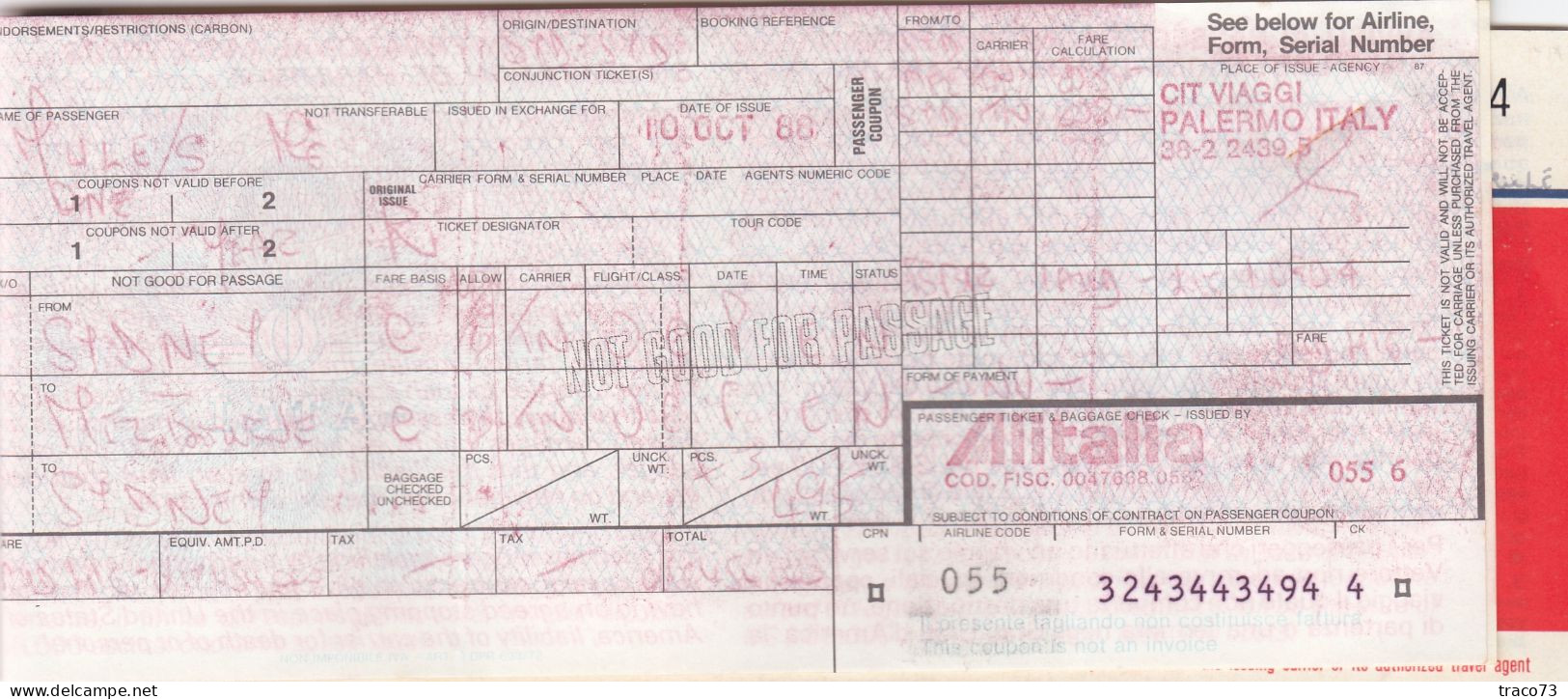 INTERNATIONAL AIR TRANSPORT ASSOCIATION - IATA /  BIGLIETTO  _ PASSENGER TICKET  _ 1988 - Mundo