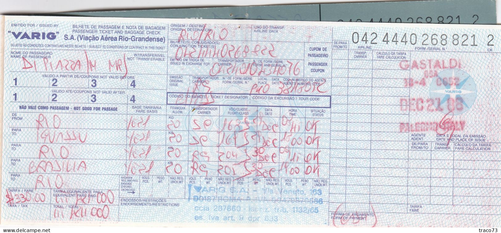 Viação Aérea Rio-Grandense - VARIG  /  BIGLIETTO  _ PASSENGER TICKET  _ 1988 - Monde