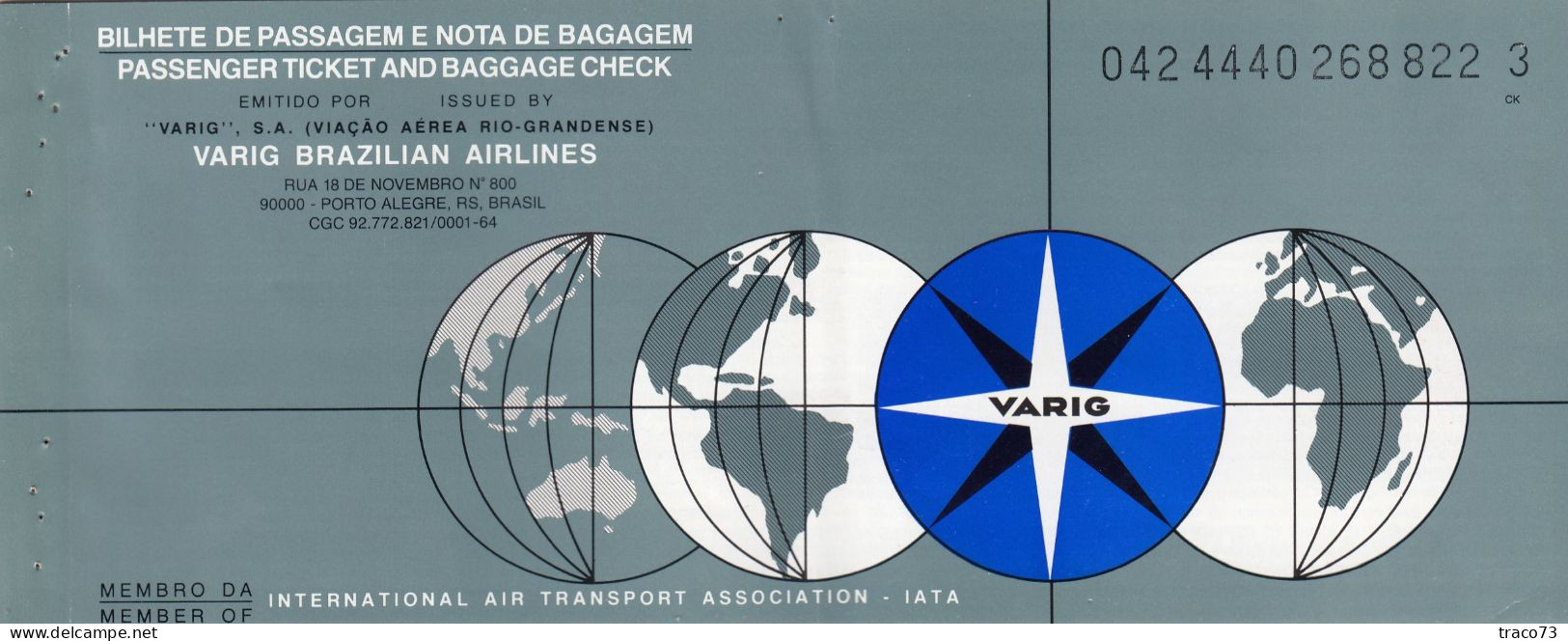 Viação Aérea Rio-Grandense - VARIG  /  BIGLIETTO  _ PASSENGER TICKET  _ 1988 - Mundo