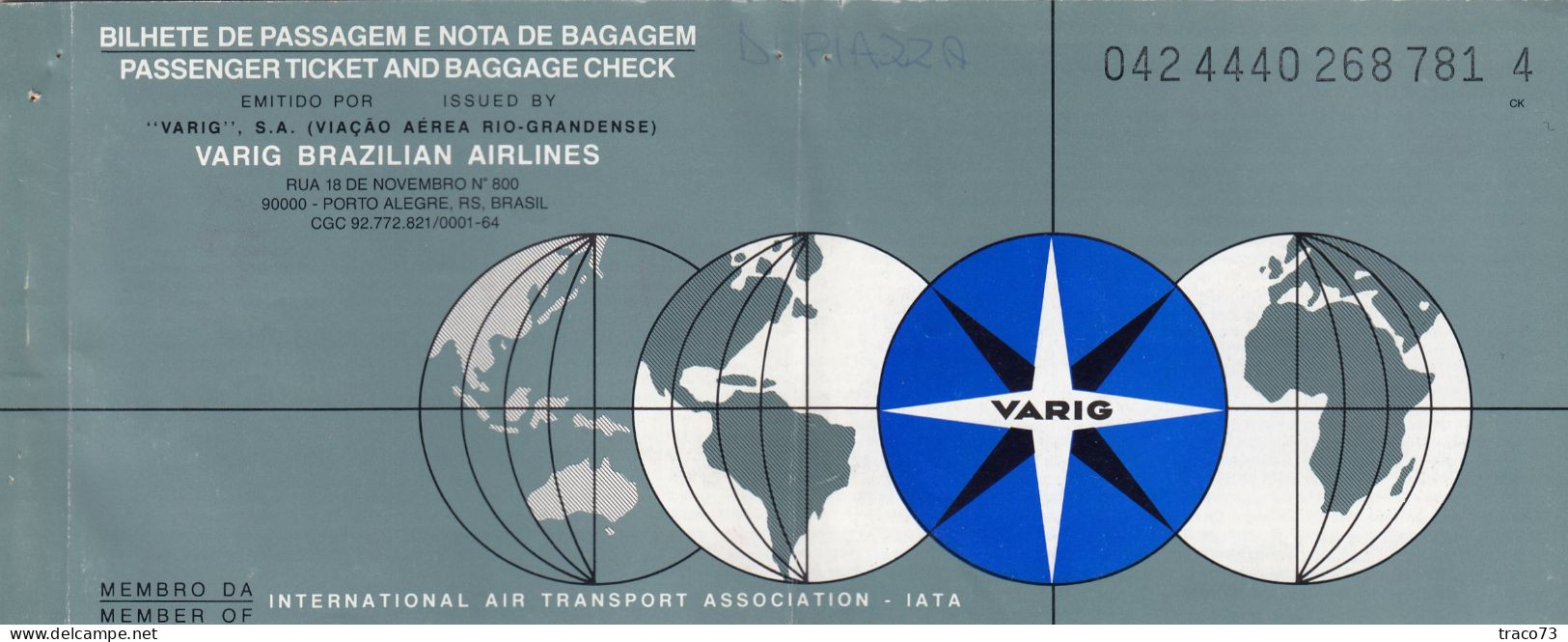 Viação Aérea Rio-Grandense - VARIG  /  BIGLIETTO  _ PASSENGER TICKET  _ 1988 - Mundo