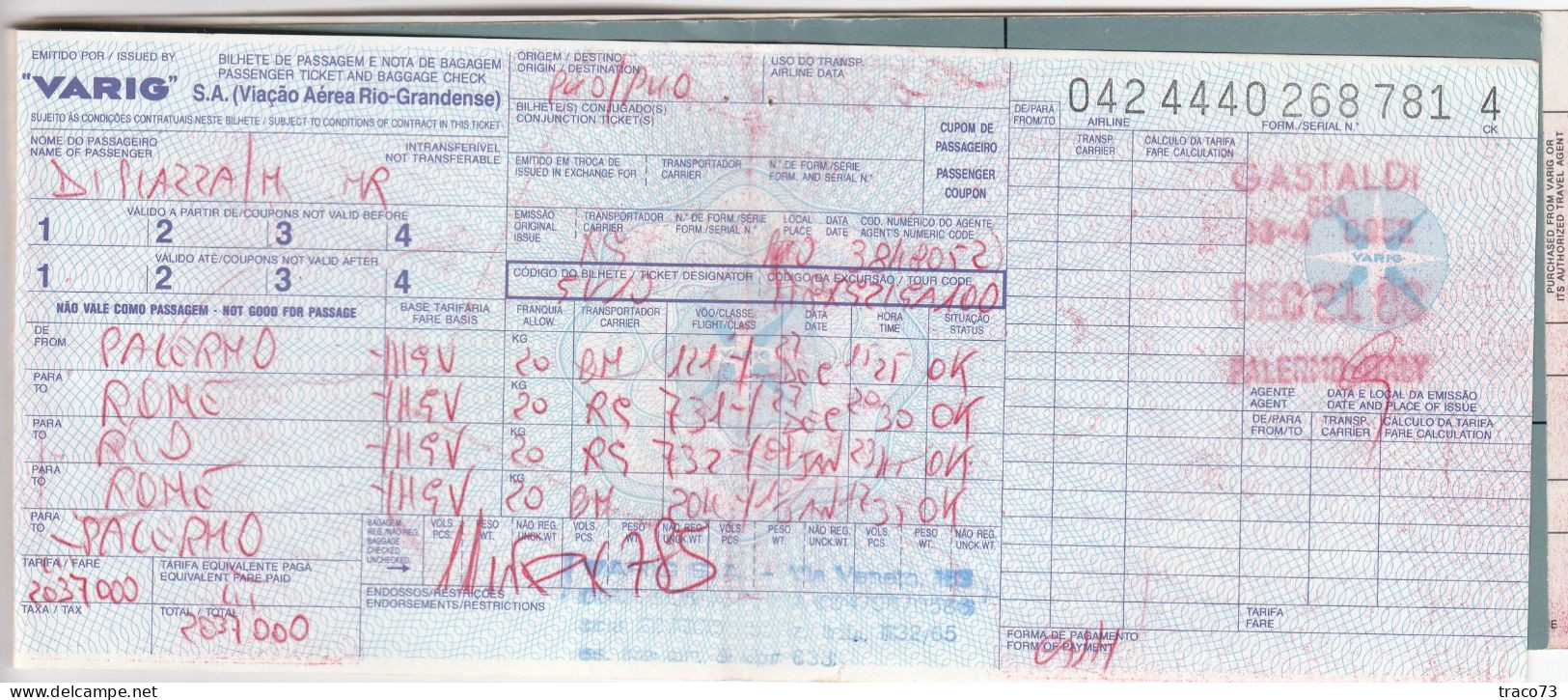 Viação Aérea Rio-Grandense - VARIG  /  BIGLIETTO  _ PASSENGER TICKET  _ 1988 - Mundo