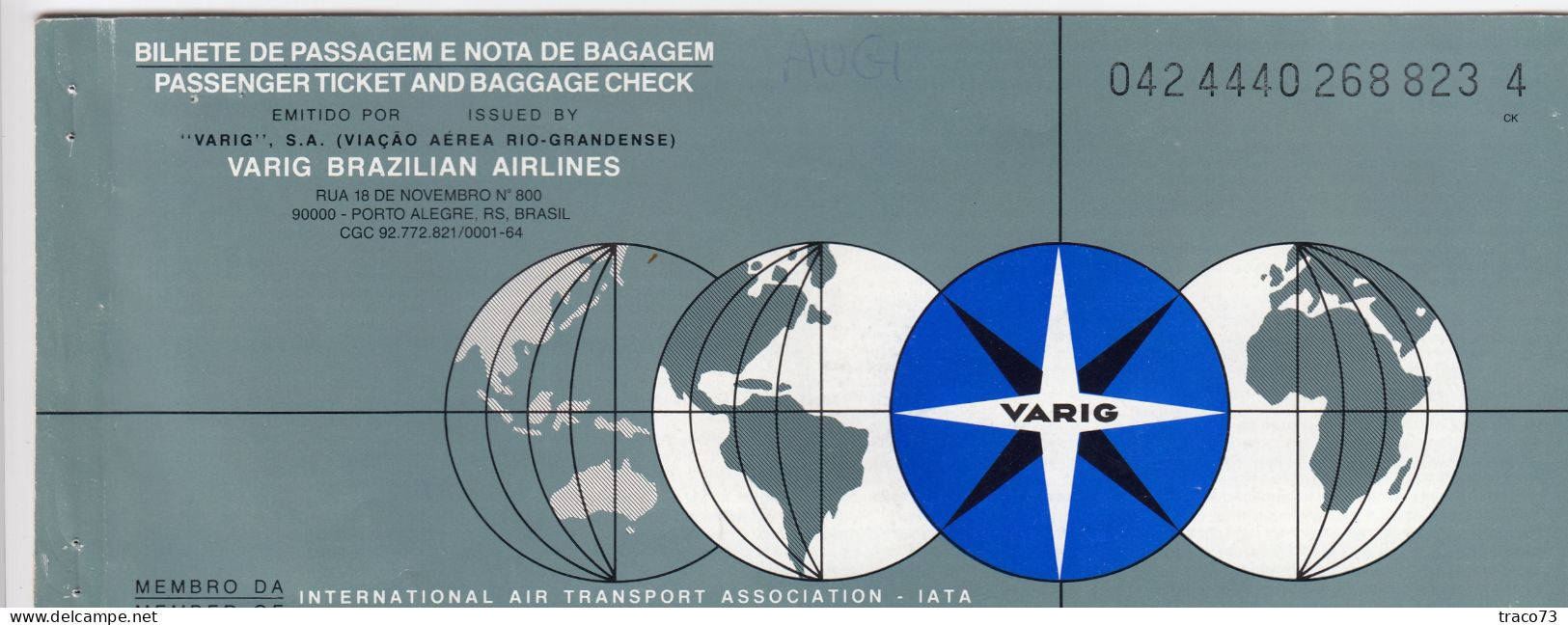 Viação Aérea Rio-Grandense - VARIG  /  BIGLIETTO  _ PASSENGER TICKET  _ 1988 - Monde