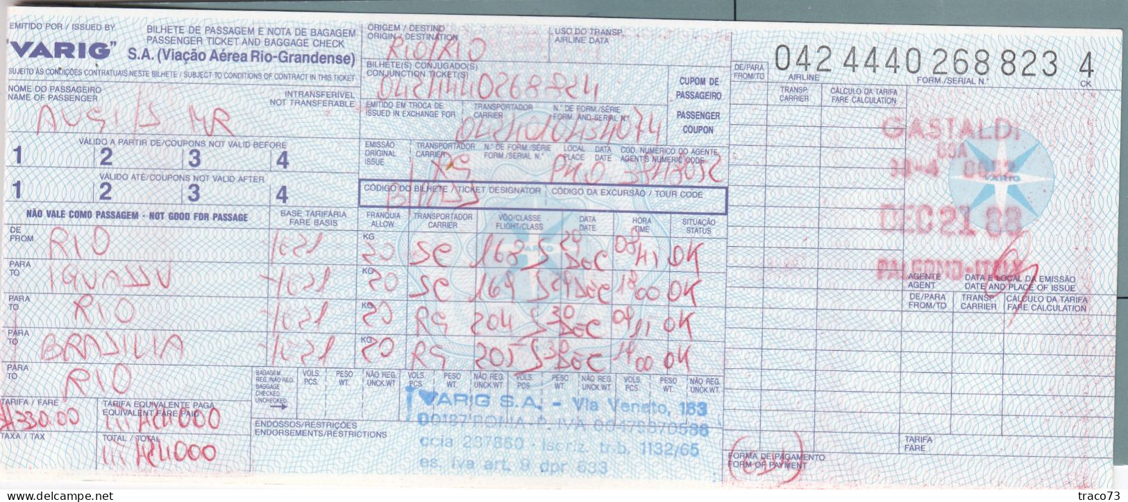 Viação Aérea Rio-Grandense - VARIG  /  BIGLIETTO  _ PASSENGER TICKET  _ 1988 - Mondo