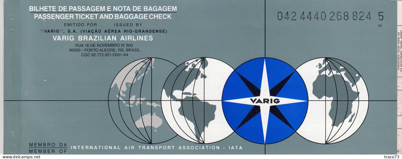 Viação Aérea Rio-Grandense - VARIG  /  BIGLIETTO  _ PASSENGER TICKET  _ 1988 - Mundo