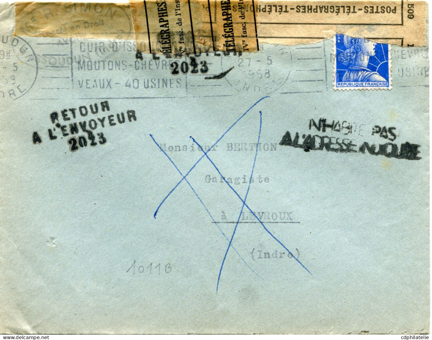 FRANCE LETTRE AVEC BANDE " POSTES-TELEGRAPHES-TELEPHONES " RECTO / VERSO DEPART ISSOUDUN ?-5-1958 INDRE POUR LA FRANCE - 1955-1961 Maríanne De Muller