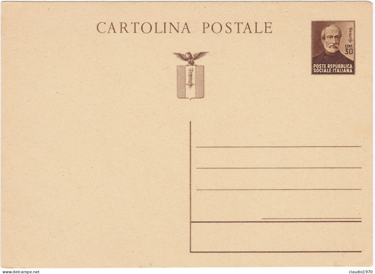 REPUBBLICA SOCIALE ITALIANA - RSI - INTERO POSTALE C.30 - GIUSEPPE MAZZINI - CARTOLINA POSTALE -NUOVA - Interi Postali