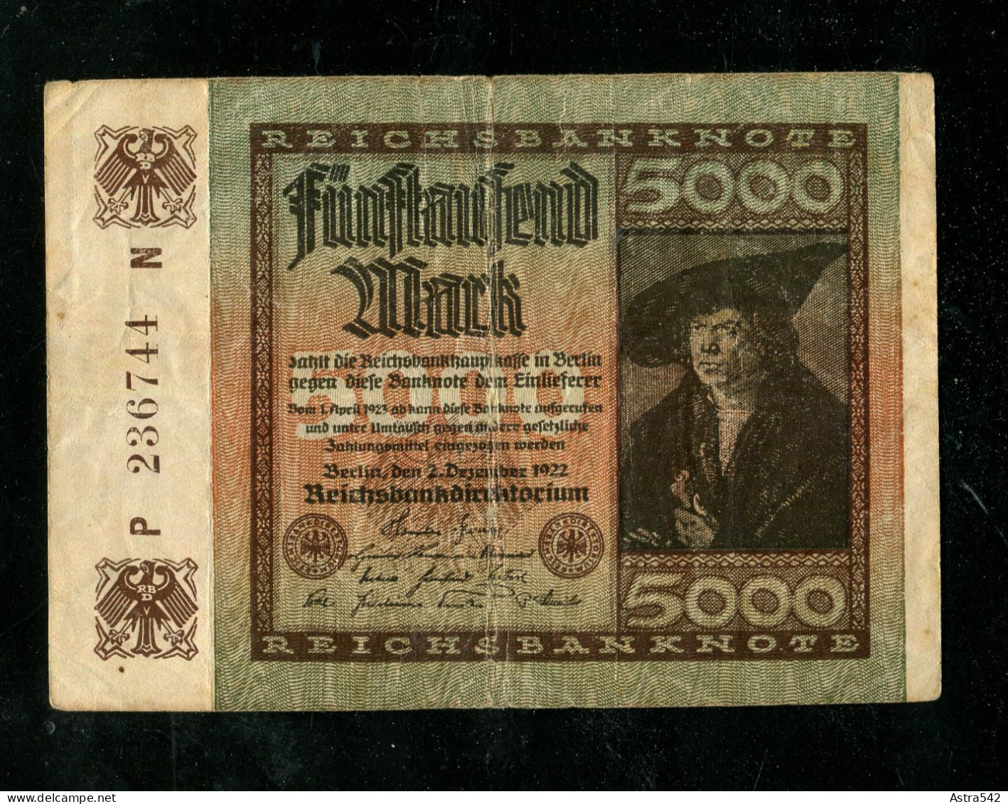 "DEUTSCHES REICH" 1922, Reichsbanknote "5000 Mark", Gute Bedarfserhaltung (19792) - 5000 Mark