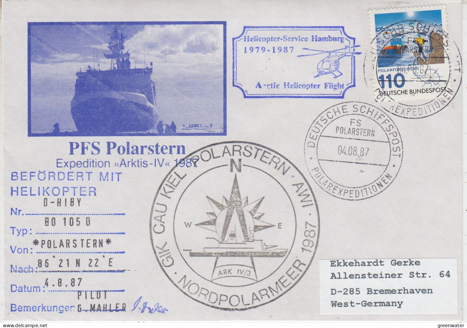 Germany FS Polarstern Heli Flight From Polarstern To Arctic Sea 4.8.1987 (SX176) - Vols Polaires