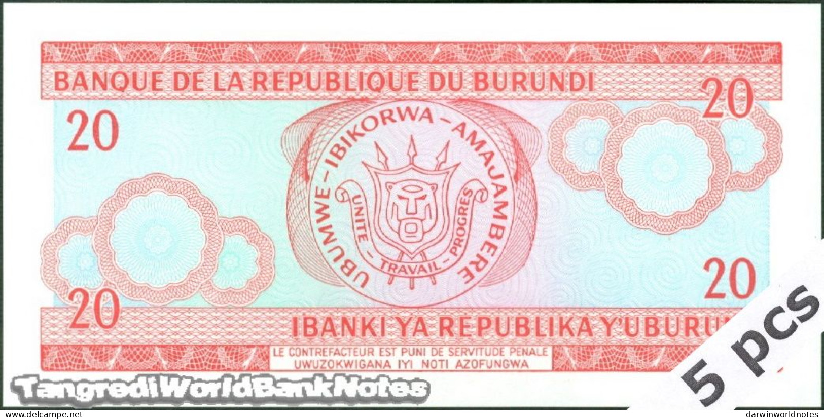 DWN - BURUNDI P.27d5 - 20 Francs 2005 UNC Various Prefixes DEALERS LOT X 5 - Burundi