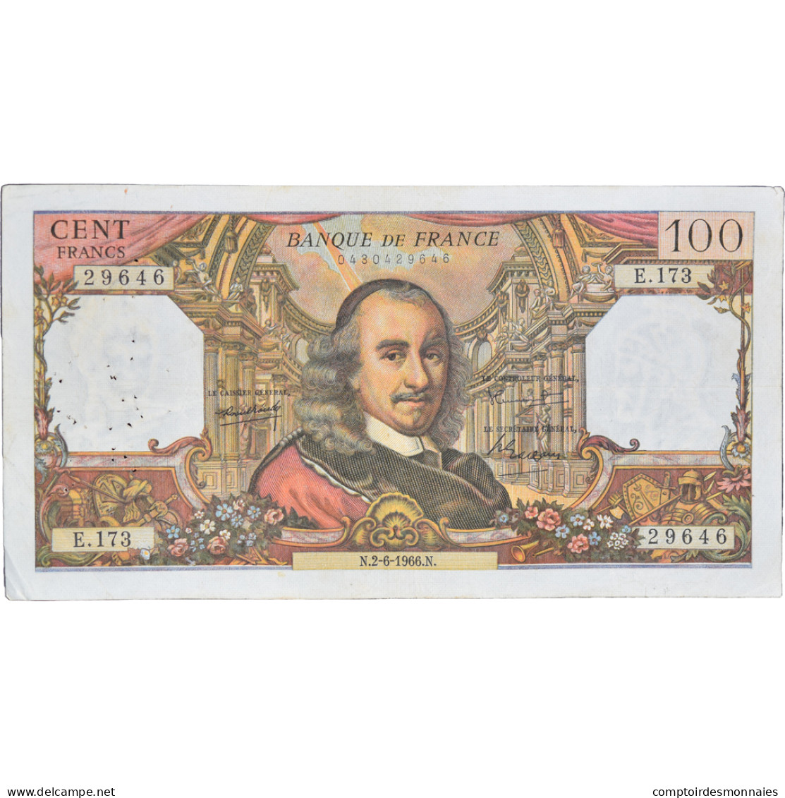 France, 100 Francs, Corneille, 1966, E.17329646, TTB, Fayette:65.13, KM:149b - 100 F 1964-1979 ''Corneille''