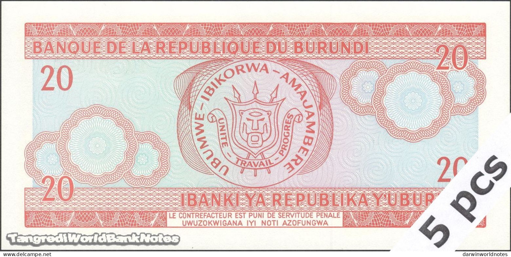 DWN - BURUNDI P.27d6 - 20 Francs 2007 UNC Various Prefixes DEALERS LOT X 5 - Burundi