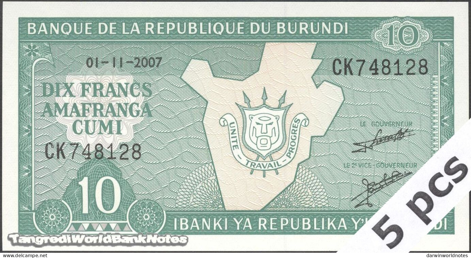 DWN - BURUNDI P.33e2 - 10 Francs 2007 UNC Various Prefixes DEALERS LOT X 5 - Burundi