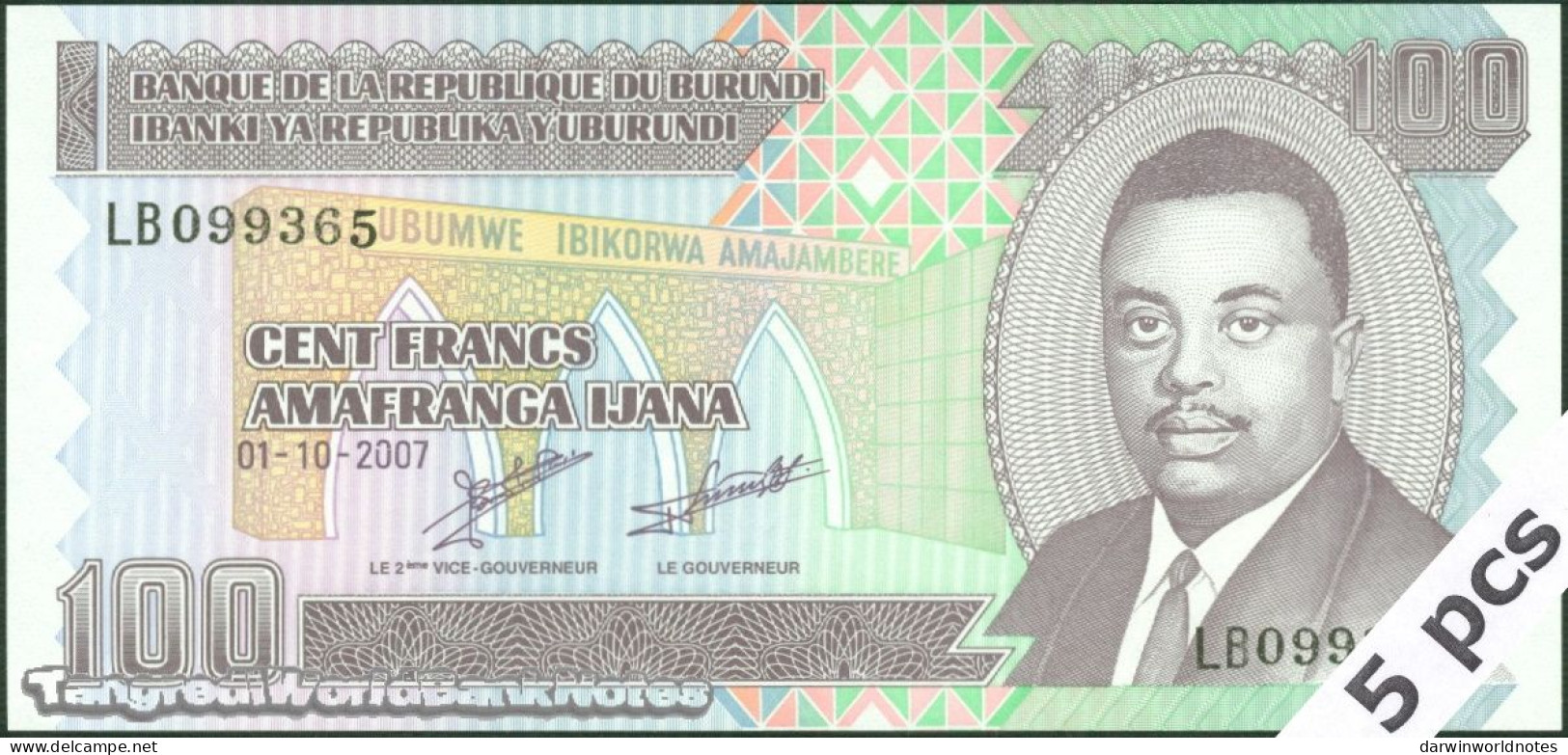 DWN - BURUNDI P.37f - 100 Francs 2007 UNC Various Prefixes DEALERS LOT X 5 - Burundi