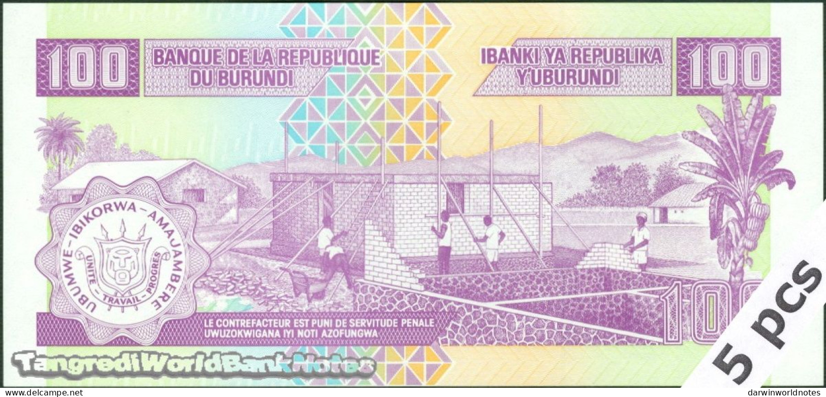 DWN - BURUNDI P.37f - 100 Francs 2007 UNC Various Prefixes DEALERS LOT X 5 - Burundi