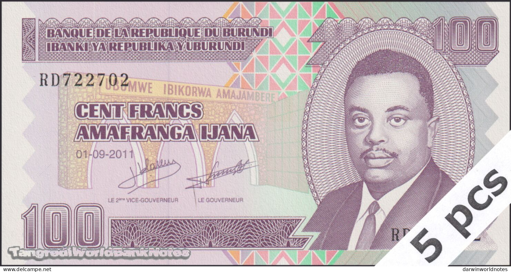 DWN - BURUNDI P.44b - 100 Francs 2011 UNC Various Prefixes DEALERS LOT X 5 - Burundi