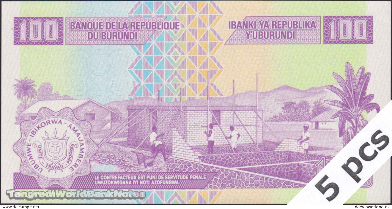 DWN - BURUNDI P.44b - 100 Francs 2011 UNC Various Prefixes DEALERS LOT X 5 - Burundi