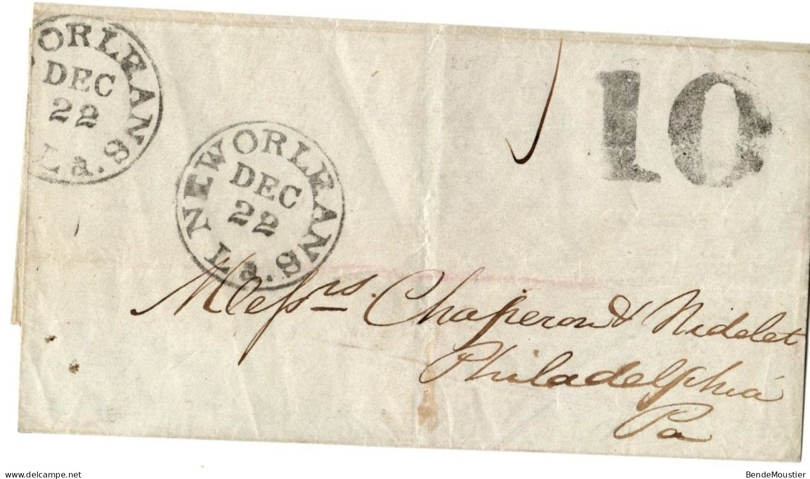 (R116) USA - Black  Postal Markings New Orlean Dec 22 - 10 Cents Due - Philadelphia 1847. - …-1845 Prefilatelia