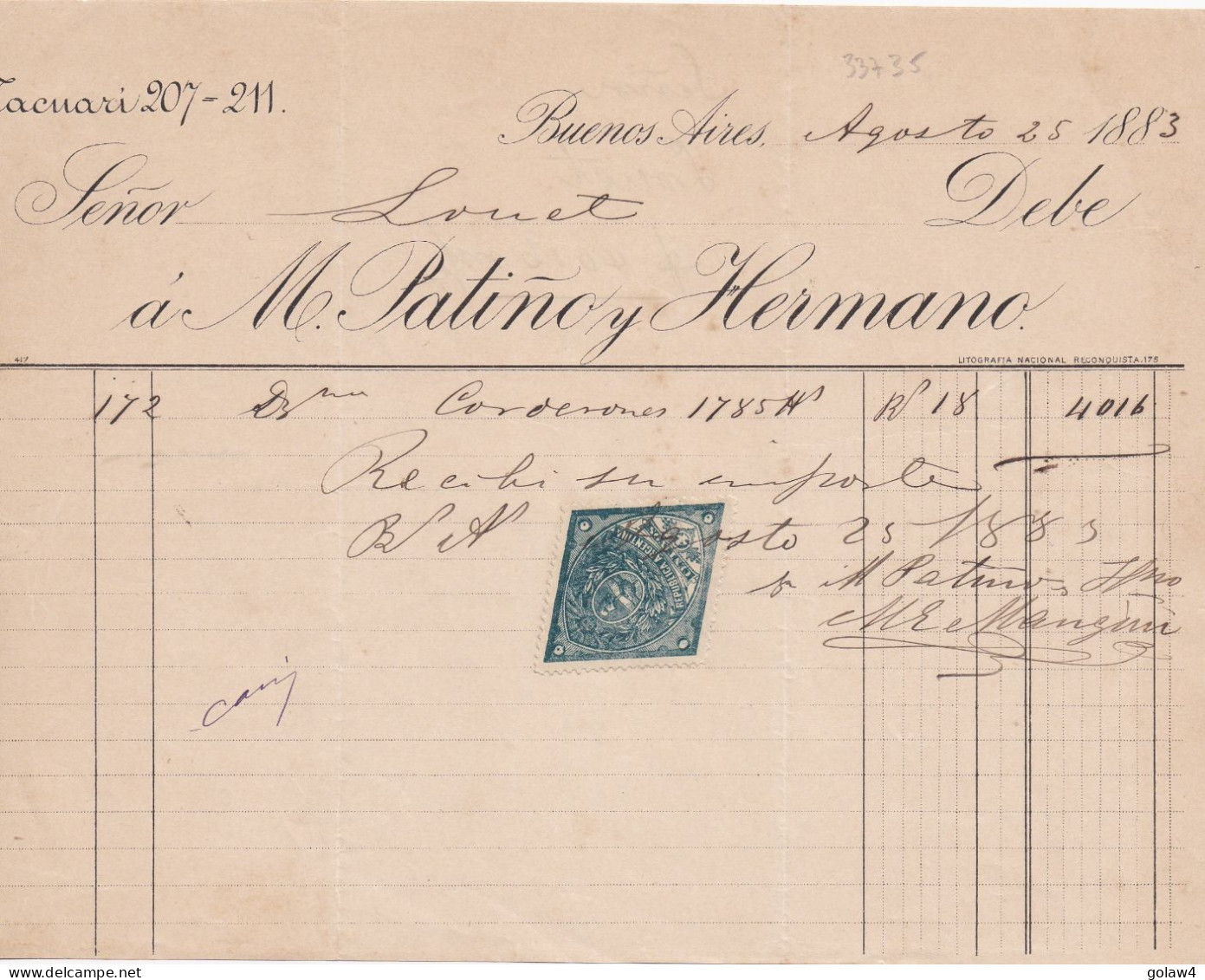 33735# ARGENTINE TIMBRE FISCAL LOSANGE ARGENTINA DOCUMENT BUENOS AIRES 1883 - Brieven En Documenten