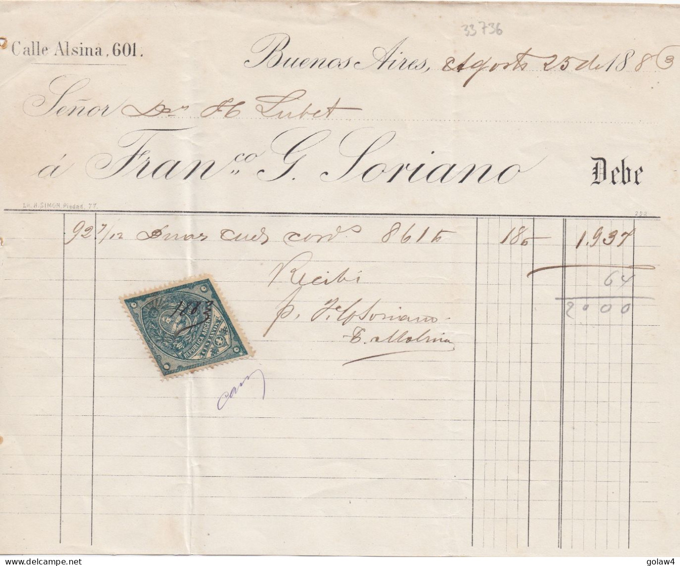 33736# ARGENTINE TIMBRE FISCAL LOSANGE ARGENTINA DOCUMENT BUENOS AIRES 1886 - Brieven En Documenten