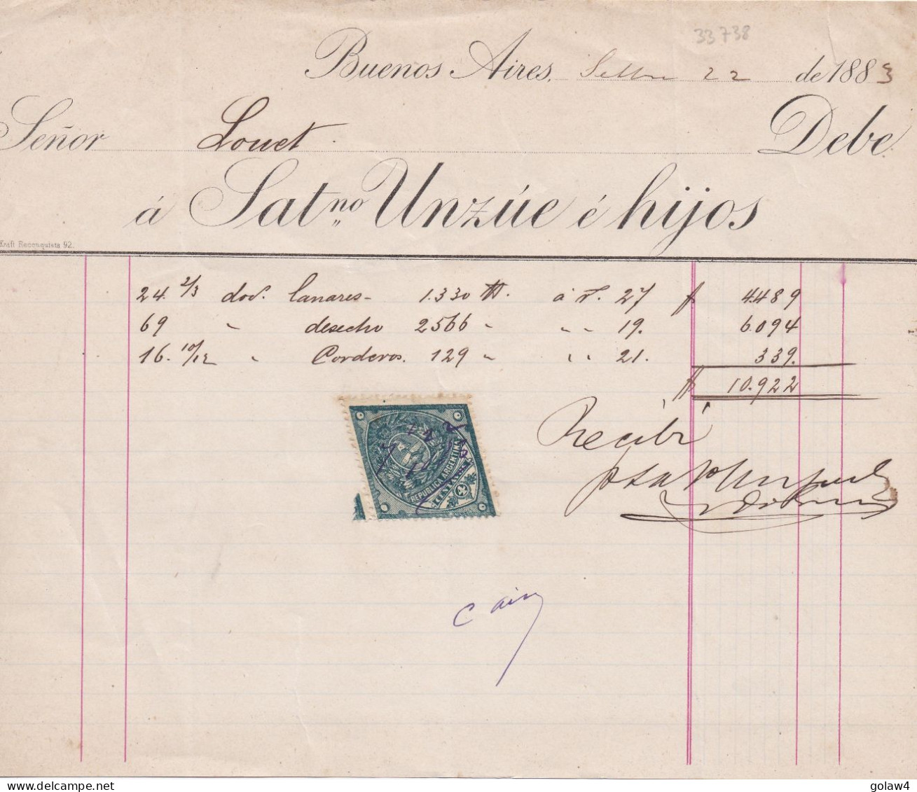 33738# ARGENTINE TIMBRE FISCAL LOSANGE ARGENTINA DOCUMENT BUENOS AIRES 1886 - Storia Postale