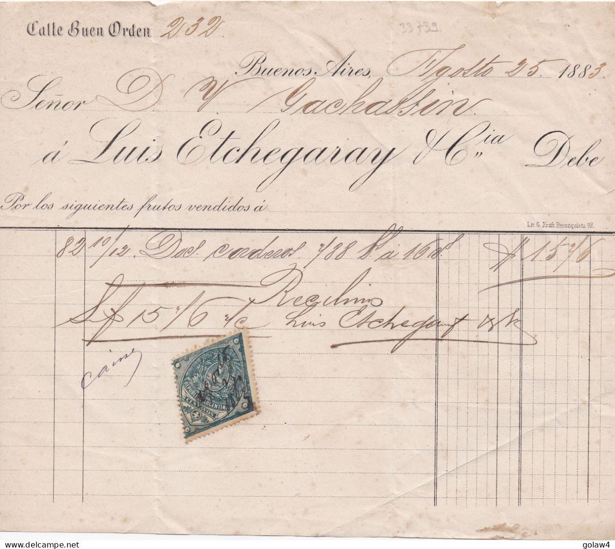 33739# ARGENTINE TIMBRE FISCAL LOSANGE ARGENTINA DOCUMENT BUENOS AIRES 1883 - Brieven En Documenten