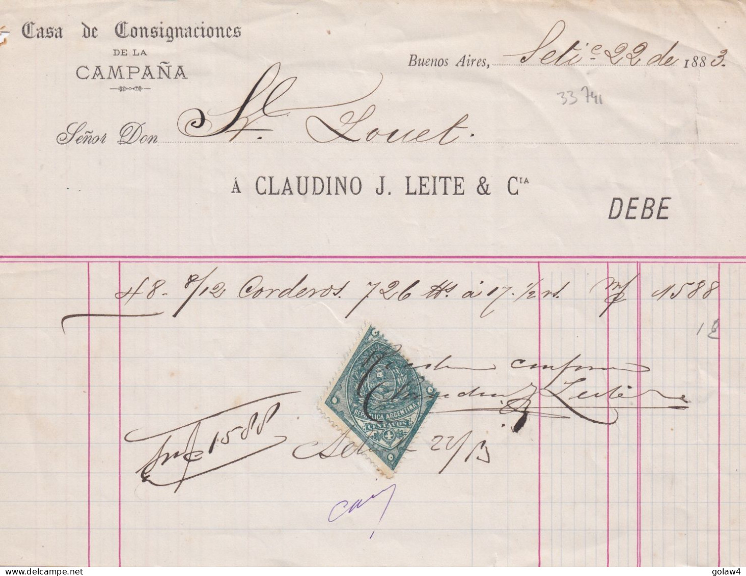 33741# ARGENTINE TIMBRE FISCAL LOSANGE ARGENTINA DOCUMENT BUENOS AIRES 1883 - Brieven En Documenten
