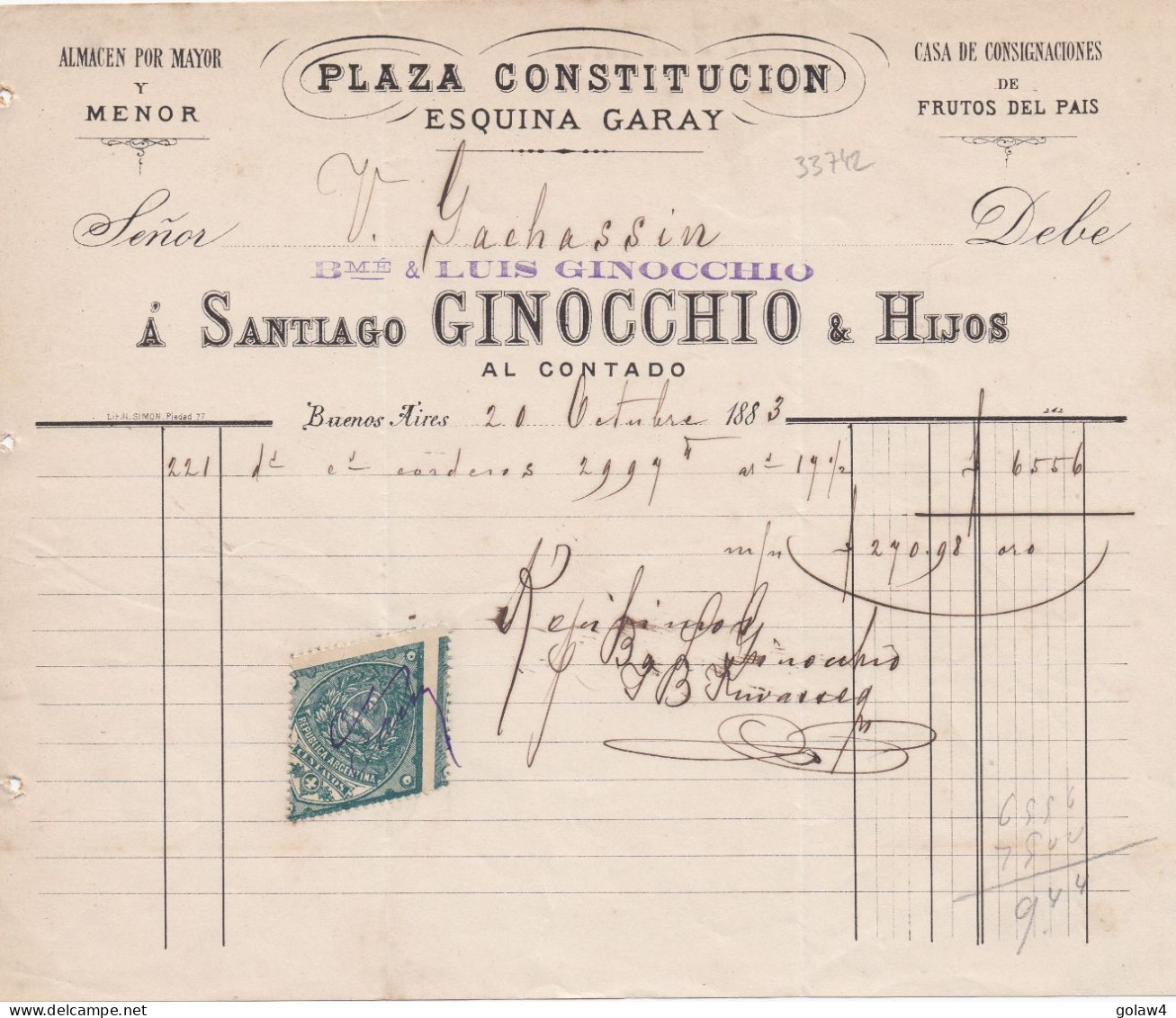 33742# ARGENTINE TIMBRE FISCAL LOSANGE ARGENTINA DOCUMENT BUENOS AIRES 1883 - Briefe U. Dokumente