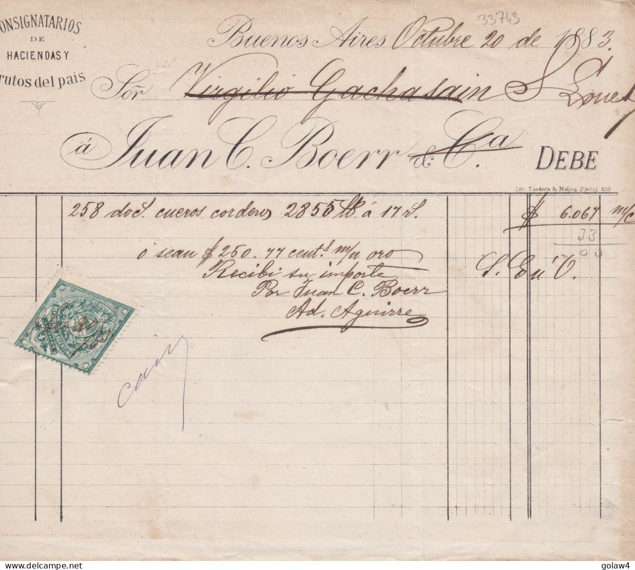 33743# ARGENTINE TIMBRE FISCAL LOSANGE ARGENTINA DOCUMENT BUENOS AIRES 1883 - Storia Postale