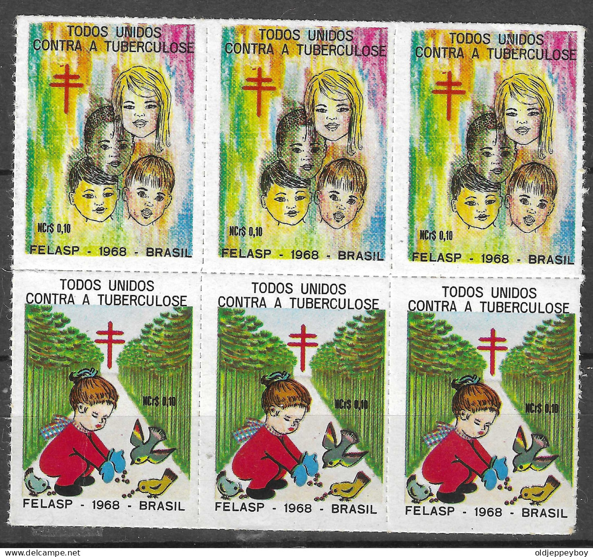 Brasil Brazil Felasp 1968 United Against Tubercolosis VIGNETTE Reklamemarke CINDERELLA Erinnophilie Blobk Of 6 - Erinnofilia