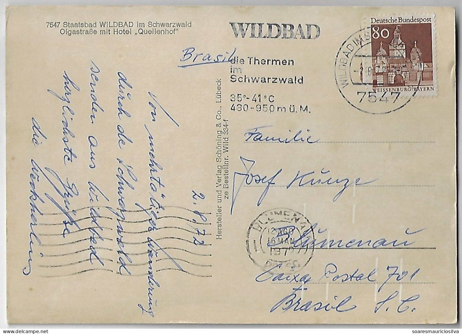 Germany 1972 Postcard From Wildbad To Brazil Slogan Cancel Thermal Baths In The Black Forest Stamp 80 Pfennig Telefunken - Hydrotherapy