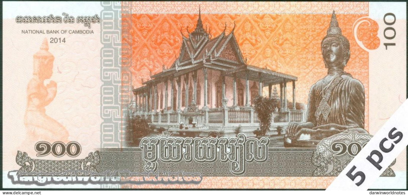 DWN - CAMBODIA P.65 - 100 Riels 2014 UNC - Various Prefixes DEALERS LOT X 5 - Cambodge