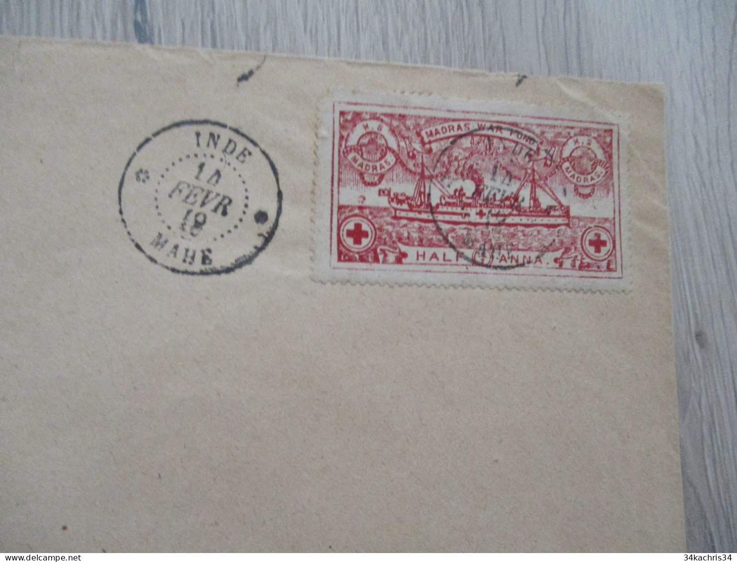 M45 Inde Mahé Cachet 14 Février 1918 Sur Timbre De Guerre Madras War Fund - Storia Postale