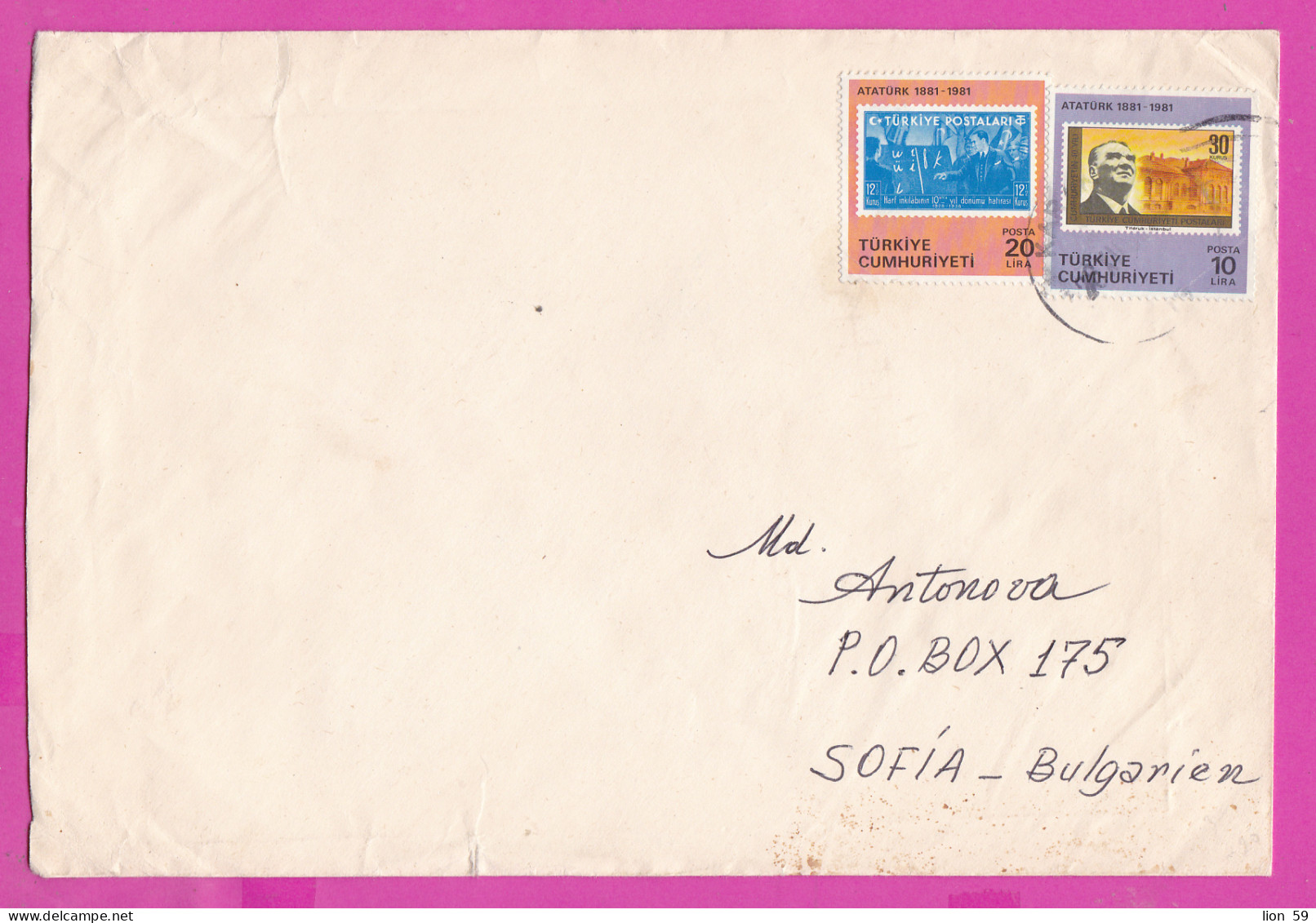 274939 / Turkey Cover 1981 - 20+10 Lira Stamps On Stamps ,100th Anniversary Of The Birth Of Kemal Ataturk To Sofia BG - Covers & Documents