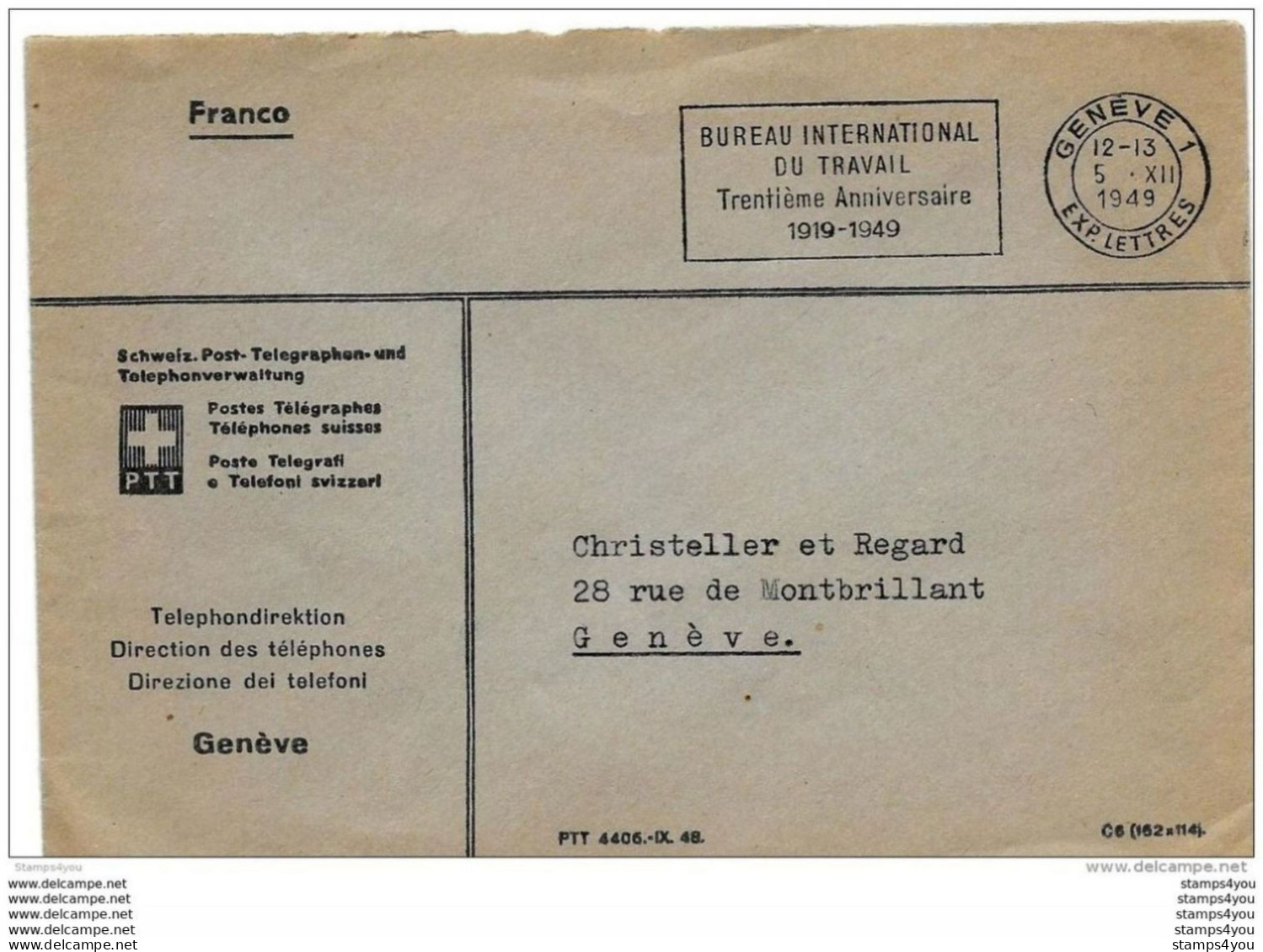 56 - 81 - Enveloppe "Franco" Avec Rare Oblit Mécanique "Bureau Interantional Du Travail 30ème Anniv 1949" - OIT