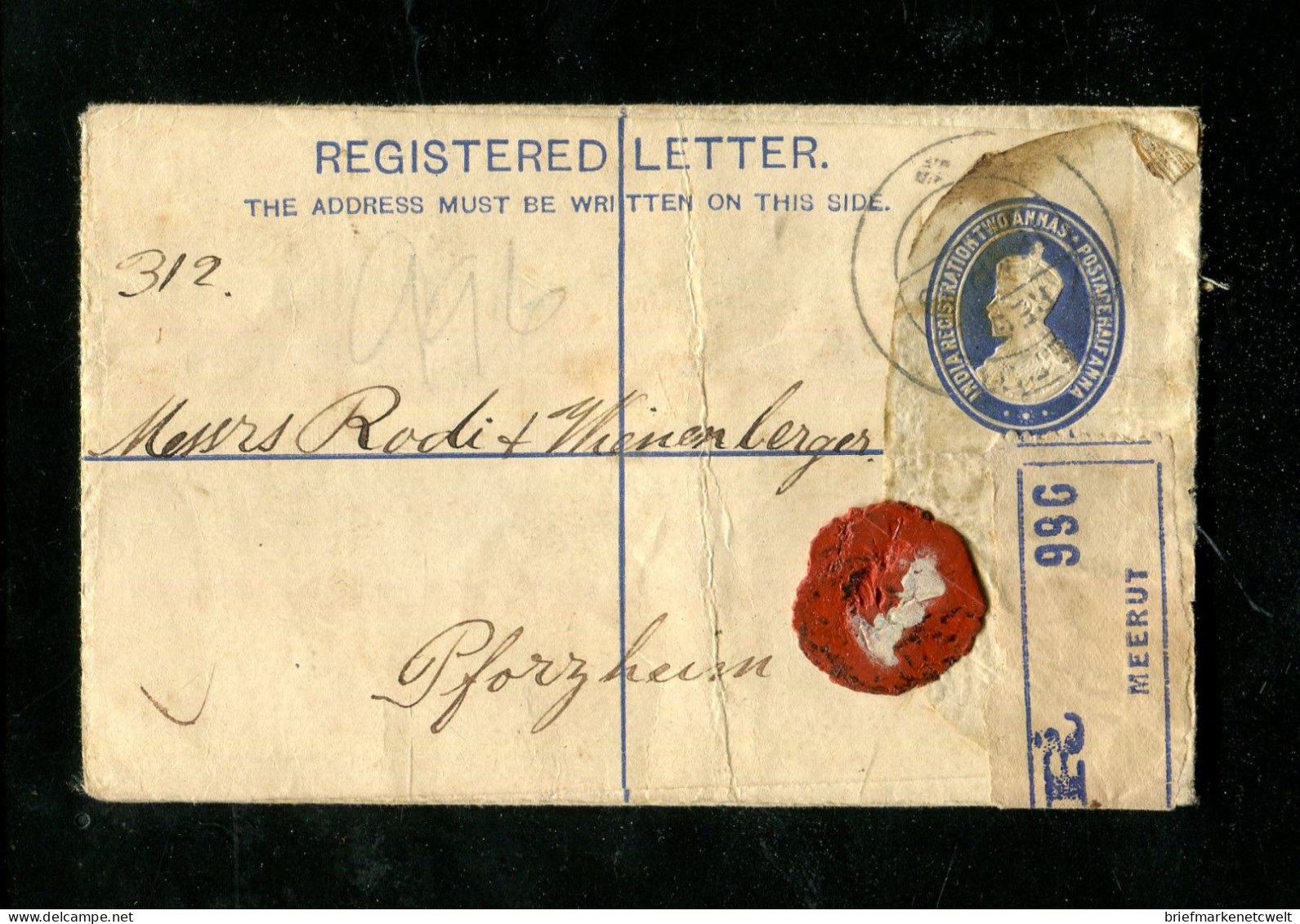 "INDIEN" 1913, Reco-Ganzsachenumschlag Mit Zusatzfrankatur Ex MERRUT Nach Pforzheim (20011) - Enveloppes
